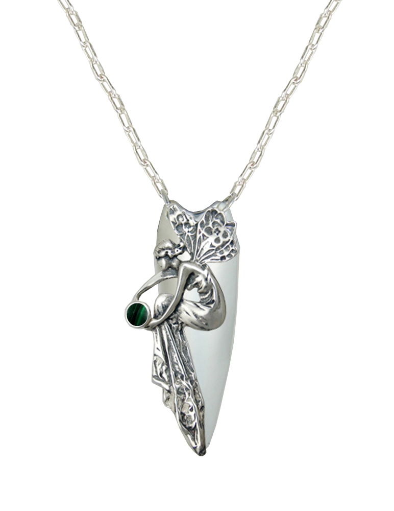 Sterling Silver Full Bodied Fairy Aromatherapy Pendant Necklace With Malachite